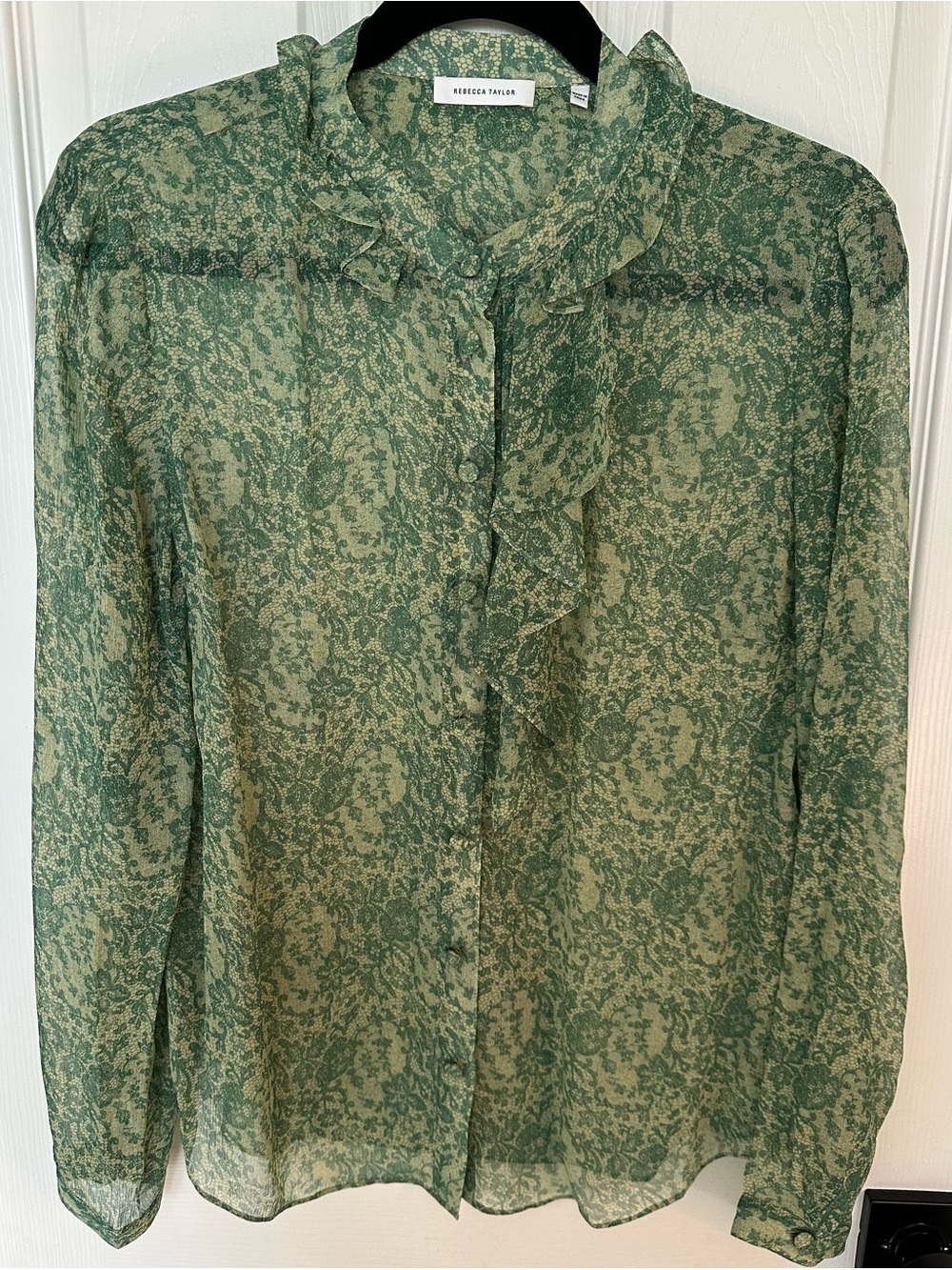 Rebecca Taylor Green Floral Ruffle-Trim Sheer Blouse Size M - Picture 3 of 5